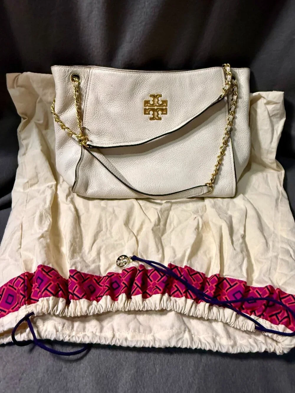 Large Tory Burch Cream Chain Tote with bag